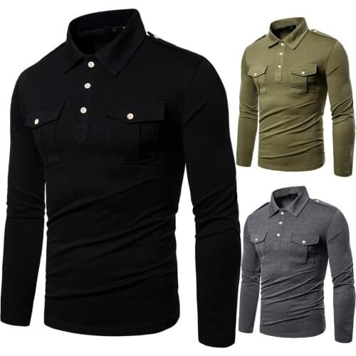 Mens military style Nice autumn Pop solid color lapel long-sleeved T-shirt men