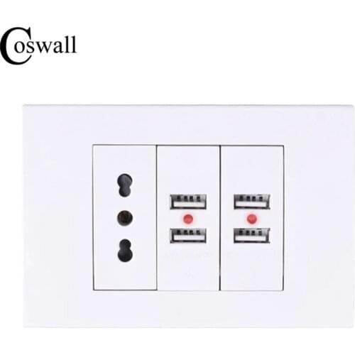 Coswall Wall Power Socket Plug, Italian / Chile Electrical Outlet With 4 USB Charger Port for Mobile 118mm*80mm