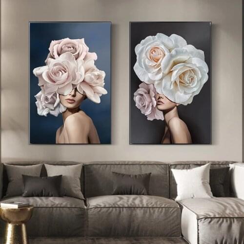 Personality Fashion Abstract Woman Pink White Flower Lady Poster Canvas Paintings Wall Art Pictures Print and Poster Home Decor