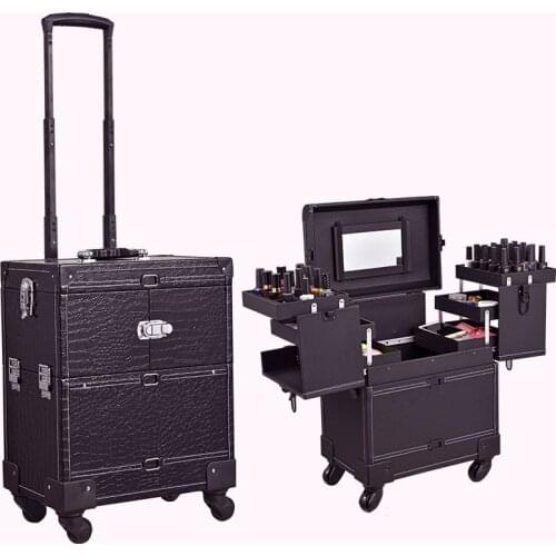 Professional Aluminum Large Capacity Portable Makeup Suitcase Luxury Black Manicure Cosmetology Cosmetic Box Trolley Case 2021