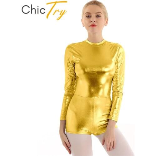 ChicTry Shiny Metallic Long Sleeve Hollow Ballet Gymnastics Leotard Women Adult Figure Skating Dance Costume Biketard Bodysuit