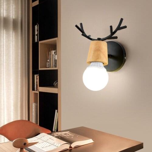 Nordic bedside wall lamp simple living room bedroom lamp childrens room aisle staircase deer head solid wood wall lamp