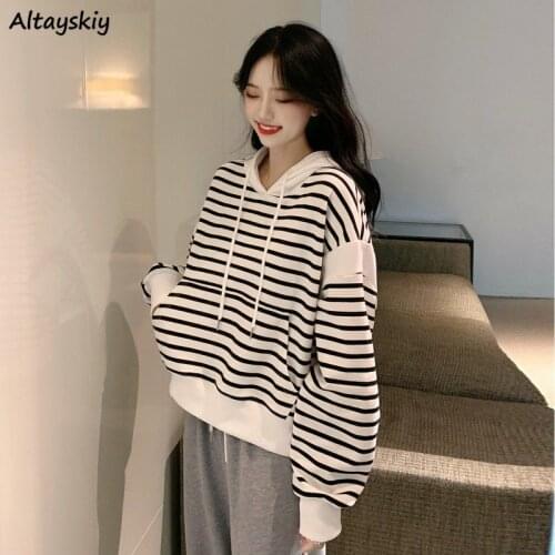 Sweatshirts Women White 2XL Cropped Striped Thicker Pullover Daily Hooded All-match Hoodies Female Leisure Trendy College Simple