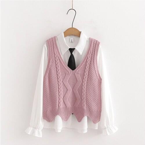 Two Piece Set Women White Tie Blouse And Solid Sleeveless V-neck Knitted Vest 2020 Autmn Preppy Style Ladies Sets Clothes