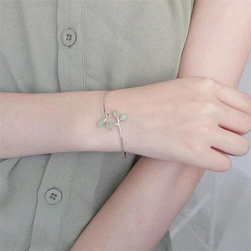 Season Gate 925 Sterling Silver Fashion Green Leaves Fresh Temperament Branch Adjustable Open Bracelets for Women Girls SB053