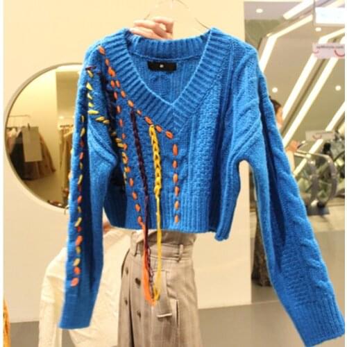 Contrast Color Patch Pullover Sweater Women Loose Style V Neck Lacing Tassel Jersey Short Knit Sweaters Pullover Female Tops