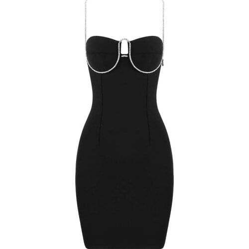 Sexy Diamonds Mini Dress Women Summer Black Slimming Pencil Party Runway Rhinestone Sleeveless Spaghetti Strap Strapless Dresses