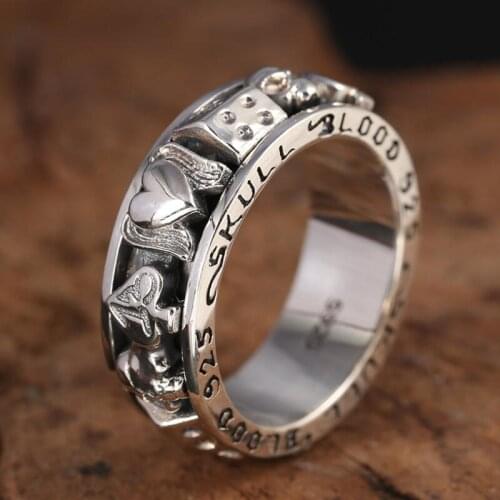 100% 925 Silver Skull Spinning Ring Vintage 925 Sterling Silver Heart-shape Ring Turning Ring Good Luck