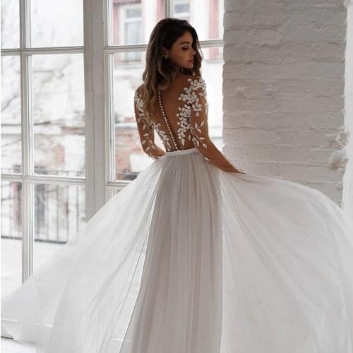 2021 New Simple Tulle Satin Wedding Dresses Slit Lace Applique See Through Top A line Long Sleeve Bridal Gowns