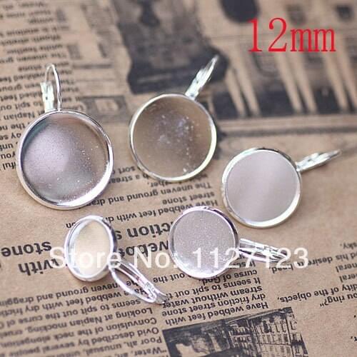 Free ship! Silver Plated 200piece 12mm Round Cabochon Setting Stud Leverback Hook Stud Earing blanks and base trays bezel