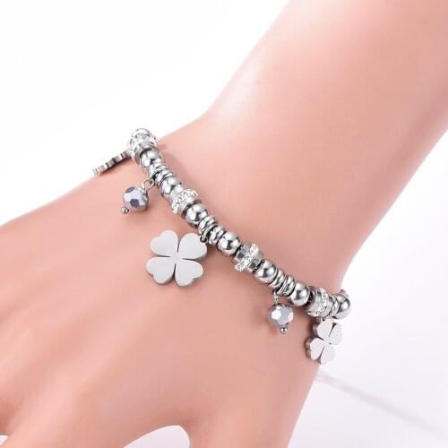 Stainless Steel Multi Beads Crystal Bracelet Heart Star Figure Tree of Life Four Clover Charms Bracelet Women 2021 Steel Jewelry