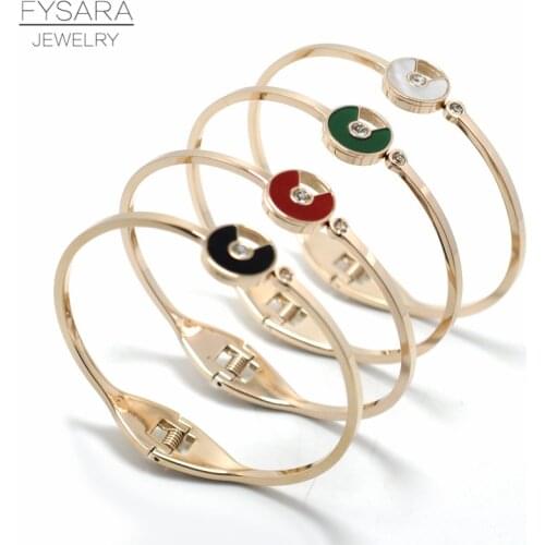 FYSARA White Shell Circle Flying Saucer Bangles Women Titamiun Steel Luxury Brand CZ Crystal Lover Bangles Female Jewelry