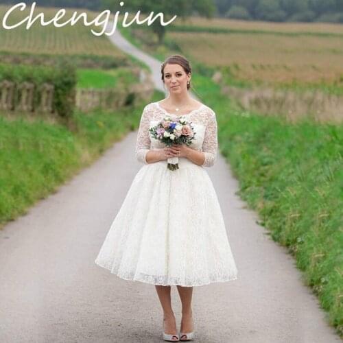 Chengjun Wholesale Three Quarter Sleeve A-Line Lace Tea Length Wedding Dress