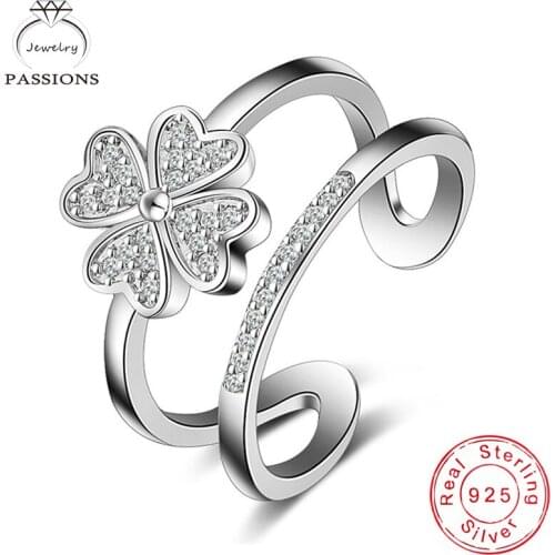 Fashion 925 Sterling Silver Lucky Clover CZ Double Layer Rings AAA Zircon Heart Shaped Flowers Resizable Ring Women Jewelry Gift