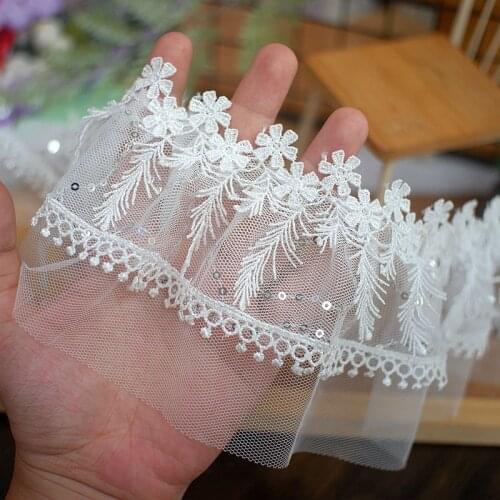 Beautiful 11cm 1.5meter/lot White Mesh and Lace 2Layer Pleated Lace Trim Sliver Sequins National Stage Sweater Lace X629
