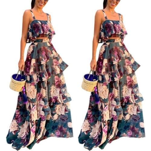 Summer Skirt Ladies New Chiffon Print Suspender Blouse + Ruffled Long Skirt Fashion Bohemian Beach Skirt Vestidos De Mujer