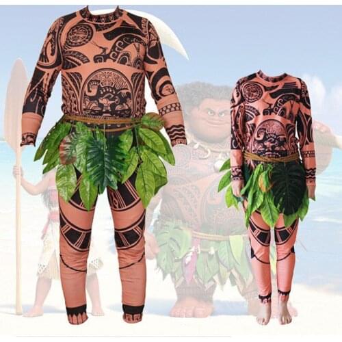 Halloween Adult Mens Tattoo T Shirt Pants Grass Skirt Cosplay Costume