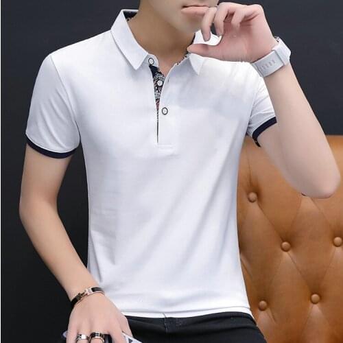 2019 Summer Short Sleeve Polo Patchwork Slim Shirt Men Cotton Grey Casual Polo Breathable Button White Shirt Mens Clothing