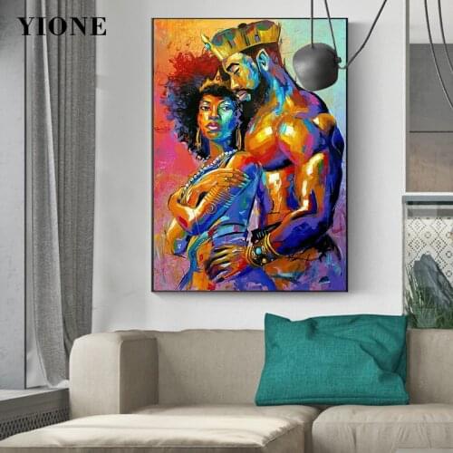 Colored King and Queen Oil Painting Abstract African Couple Canvas Print Wall Art Poster Pictures for Living Room Bedroom Decor