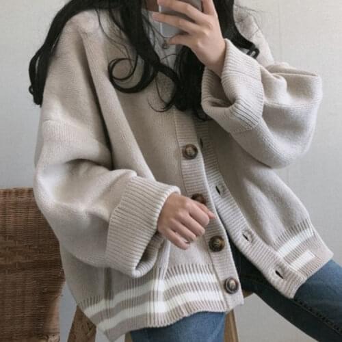 2021 New knitted sweater womens lazy college style loose sleeve womens long sleeve V-neck button large jacket autumn winter