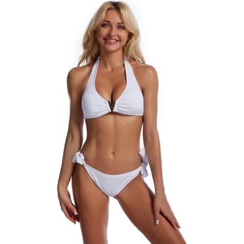 Solid Color V-neck Tie Comes with Sexy Split Bikini Swimsuit Triangle String Bikini Basic Bathing Suit Sling Swimming Clothes XL