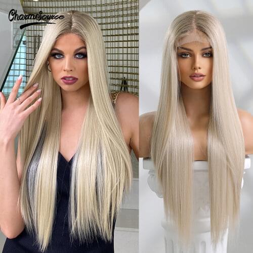 CharmSource Front Lace Wig Long Straight White Blonde Synthetic Wigs Daily Party Cosplay for Black White Women High Density Hair