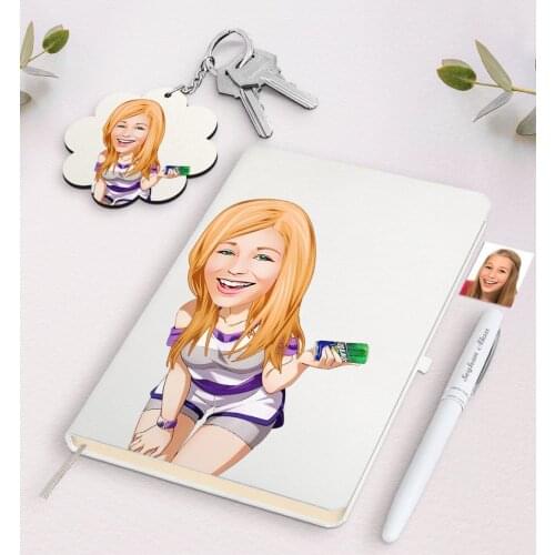 Personalized Women 'S Caricature Of White Notebook Pen And Keychain Gift Seti-36