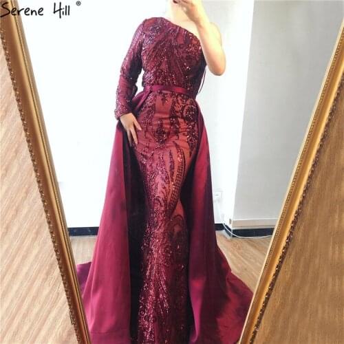 Dubai Wine Red One Shoulder Prom Dresses Sequeined Luxury Sexy With Train Prom Gowns 2020 Serene Hill BLA6619