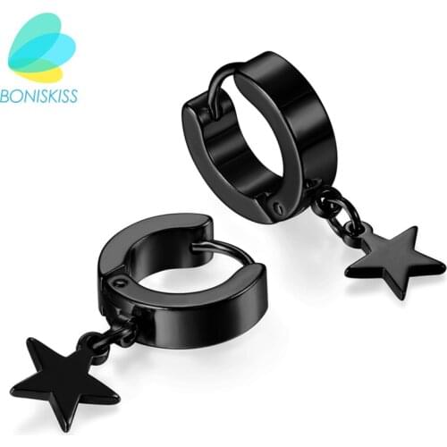 Boniskiss Black Hoop Men Earrings Star Charm Stainless Steel Hoop Earring Round Earrings For Women Jewelry Pendientes Aros