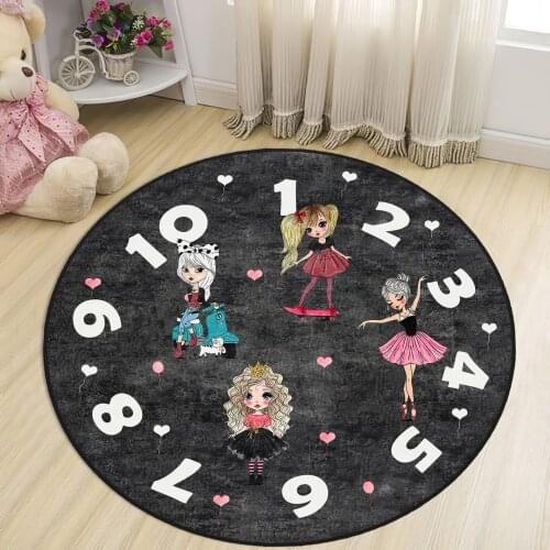 Gray Round Kids Room Rug clock numbers girl heart educational carpet