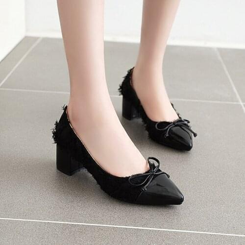 Pointed bow light gray thick high heels single shoes suede red bridal wedding shoes large rib bottom work black