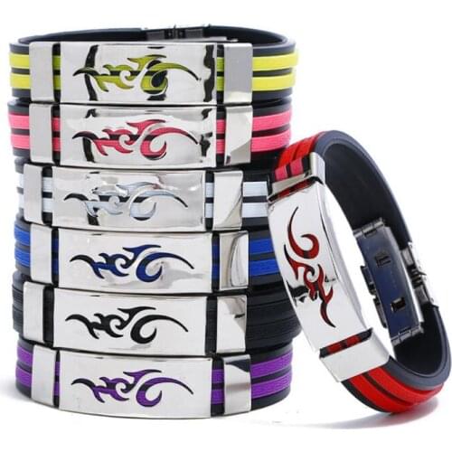 Titanium Stainless Steel Silicone Bracelets Fashion Men Fire Cloud Flame Rubber Black Buckle Bangle Wristbands Male Punk Jewelry