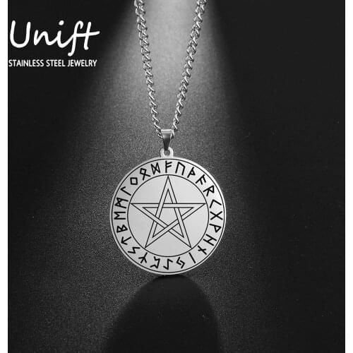 Unift Vintage Rune Viking Necklace Men Pentagram Stainless Steel Pendant Amulet Charm Jewelry for Women Personality Fashion Gift