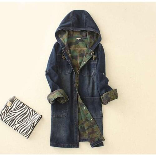 2021 autumn new Korean womens camouflage color matching mid-length single-breasted hooded denim windbreaker jacket s614