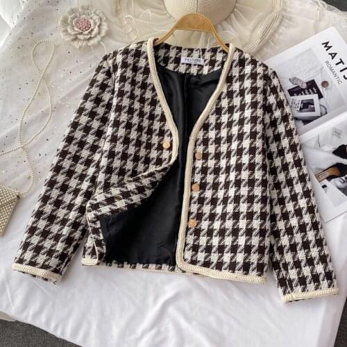 Fall Winter Houndstooth Vintage Tweed Jacket Coat Women Small Fragrance Korean Woolen Coats Elegant Short Outerwear Crop Top
