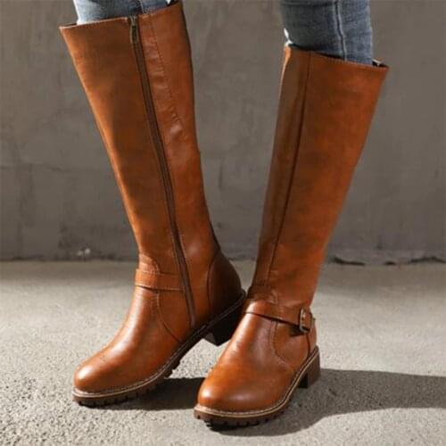 Women Knee High Boots Winter Womens Buckle Zip Leather Long Boot Woman Low Heels Ladies Non Slip Female Comfort Shoes Plus Size