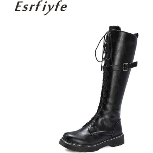 ESRFIYFE Large Size 34-43 Women Knee High Boots Buckle with Zip Retro Womens Motorcycle Boots Short Plush Warm Winter Boots