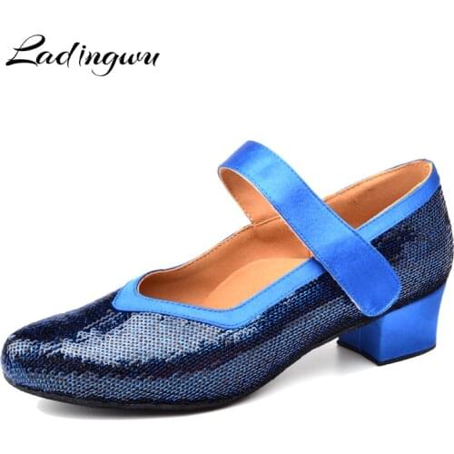 Ladingwu Ballroom Dance Shoes For Women Latin Dance Shoes For Girls Low Shoes Blue Glitter Square Soft Bottom Dancing Heel 2.5cm
