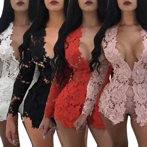 Two Piece Set Summer 2021 Ladies Ensemble Femme Lace Long Sleeve Two Piece Set Top and Shorts Sexy Floral Transparent Nightclub