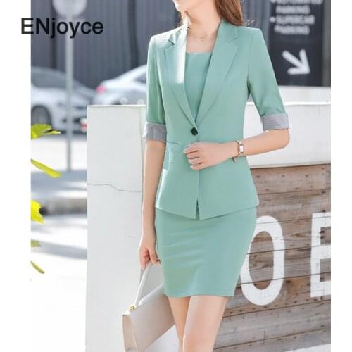 2021 Spring Summer Women Sets White Slim Green Blazer and Dress Two Pieces Set Korean Office Ladies Work Wear Business Uniform
