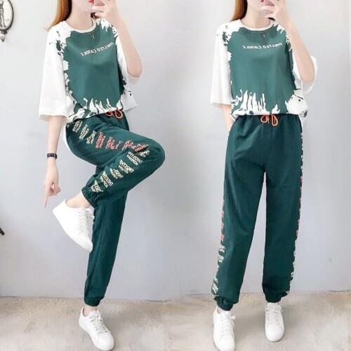 Casual Sports 2 Pcs/Set Women Summer O-neck Fashion Short Sleeve Tops + Ankle-Length Pants Two Piece Set Casual Womens Suits