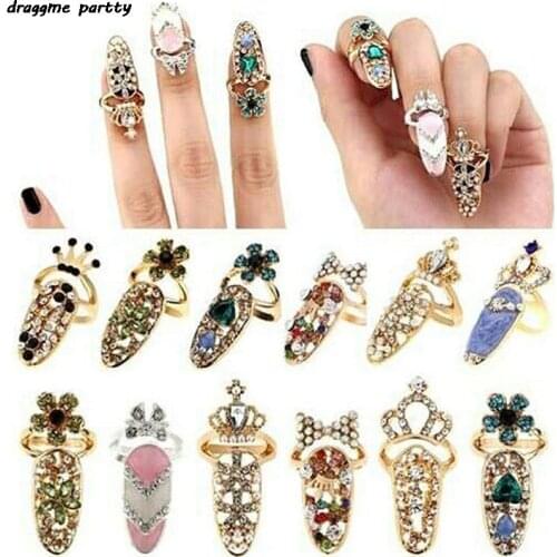 HOT Bowknot Crown Crystal Finger Nail Art Rings Women Girls Flower Heart Armor Joint Tail Ring Jewelry For Party