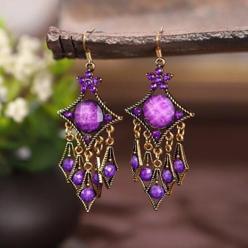 Bohemian Creative Ethnic Rhombus Rhinestone Drop Earrings for Women Retro Geometric Multi Layer Acrylic Earrings Jewelry Gift