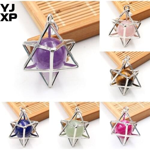 1 Pcs Energy Merkaba Natural Stone Pendant Amethysts Rose Quartzs Round Beads Reiki Healing Necklace Pendant Charms Jewelry Gift