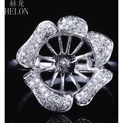 HELON Solid 14K White Gold Pave Natural Diamonds Fine Jewelry Semi Mount Engagement Wedding Ring Fit 9.5-11.2mm Round Pearl