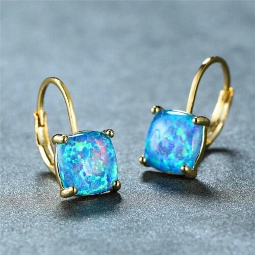 Boho Female White Blue Opal Earrings Cute Rainbow Square Hoop Earrings For Women Dainty Bridal Yellow Gold Wedding Earrings