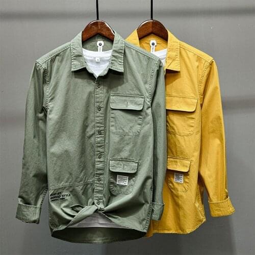 Mens Retro Cargo Clothes Coat Shirts Mens Japanese Style 100% Cotton Casual Long Sleeves Solid Shirt Camisa Masculina For Man