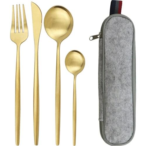 Dinnerware Set 18/10 Stainless Steel Plating Gold Black Knife Fork Spoon Tableware Cutlery Western Food Camping Tableware Bag