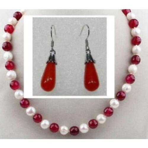 New hot 7-8mm Round Freshwater Pearl and Ruby Necklace & Earrings 20inch