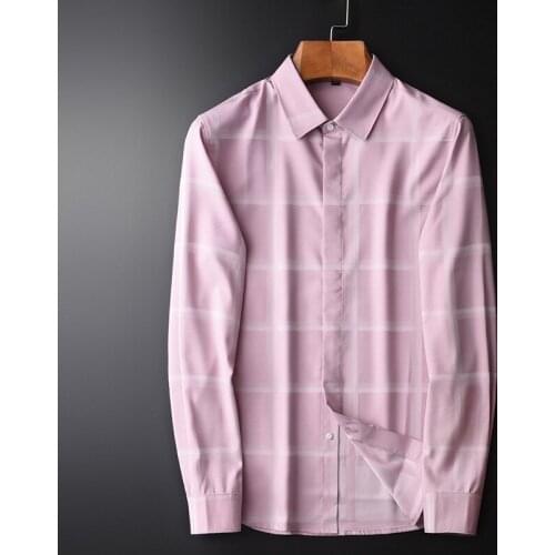 Classic Pink Mens Shirts High Quality Long Sleeve Yarn Dyed Plaid Casual Male Shirts Fashion Fit Man Shirts Size 4xl